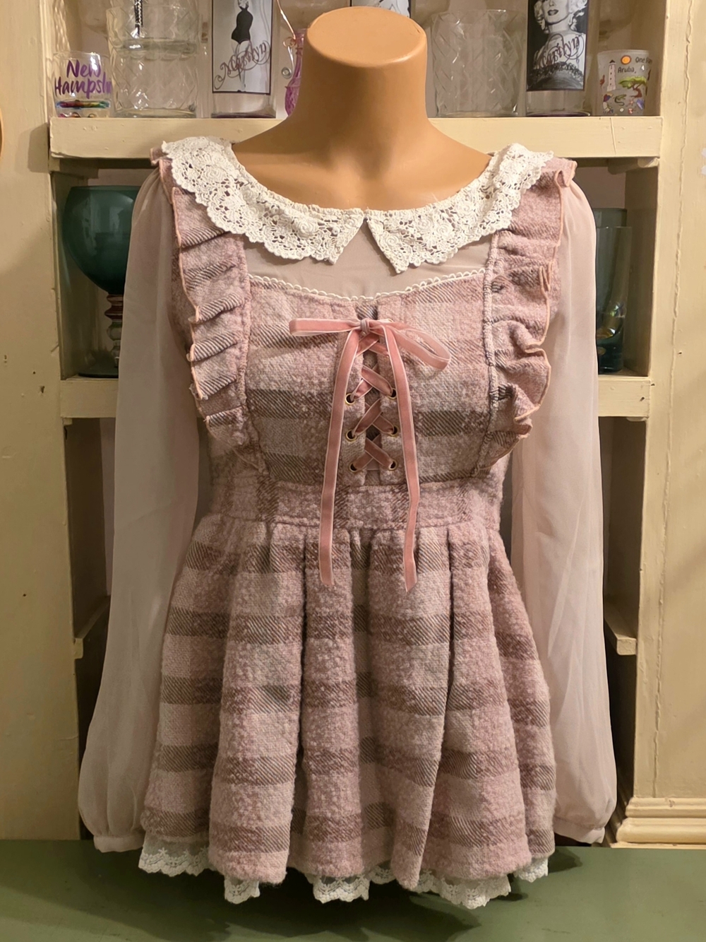 Liz Lisa Brushed Tweed Checked Top Sz 1 Crepe Sleeves Dusty Pink Cream EUC